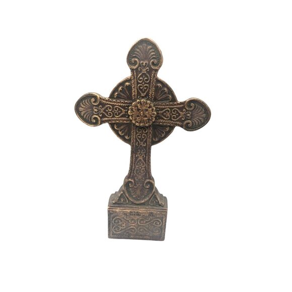 Antique-Style Decorative Cross Tabletop Ornate Resin Bronze Finish 12" Tall - Picture 8 of 12